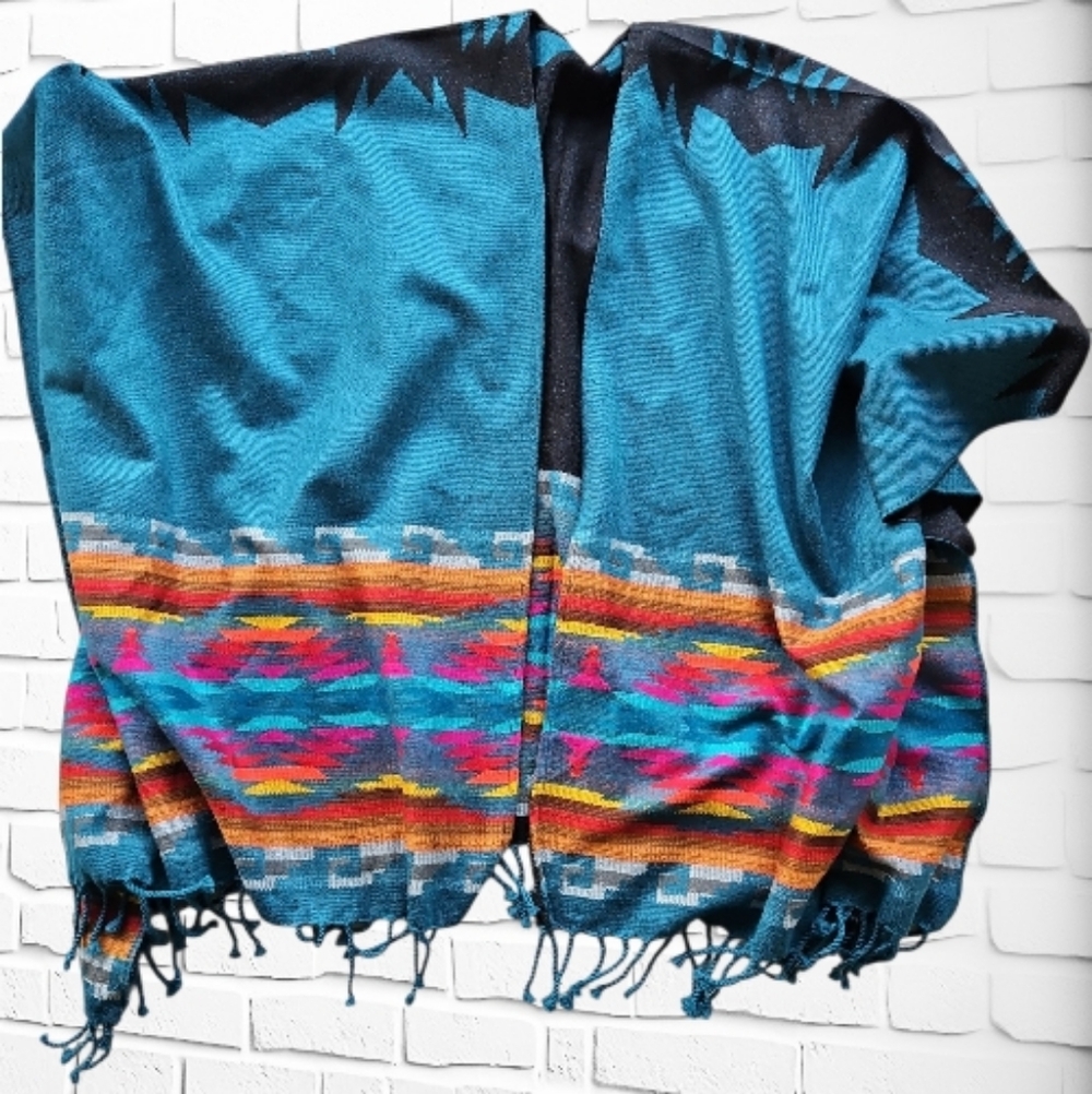 Western Aztec Pattern Cape Wrap Shawl | Festival Boho Style |‎ Teal